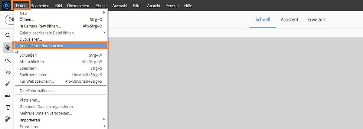 Die Option „In Adobe Stock suchen“ ist im Dateimenü verfügbar. 
