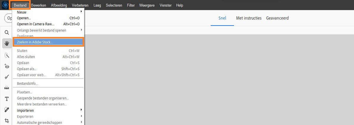 De optie Zoeken op Adobe Stock is beschikbaar in het menu Bestand. 