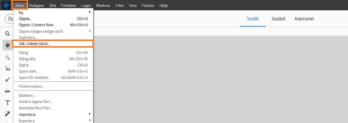 Alternativet Sök i Adobe Stock finns på Arkiv-menyn. 