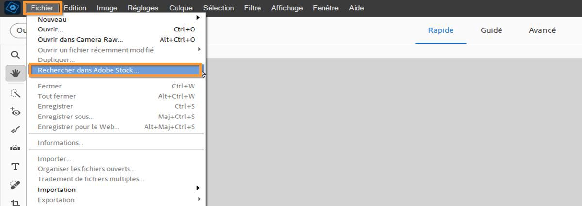 L’option Rechercher dans Adobe Stock est disponible dans le menu Fichier. 