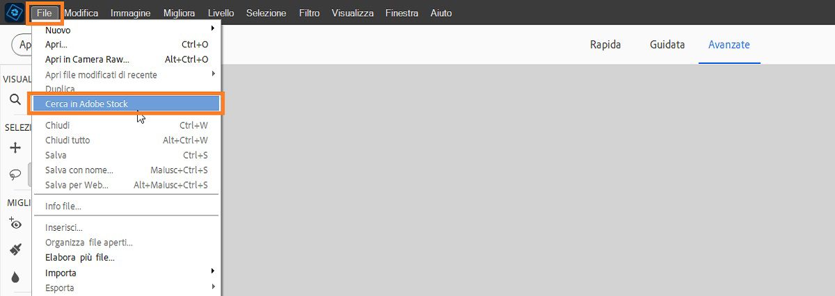 L'opzione Cerca in Adobe Stock è disponibile nel menu File. 