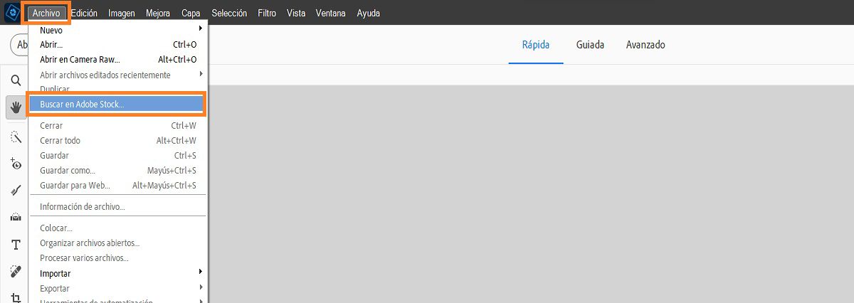 La opción Buscar en Adobe Stock está disponible en el menú Archivo. 