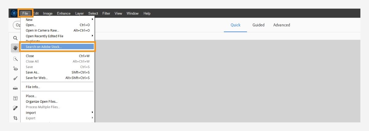 Search on Adobe Stock option is available in File menu. 