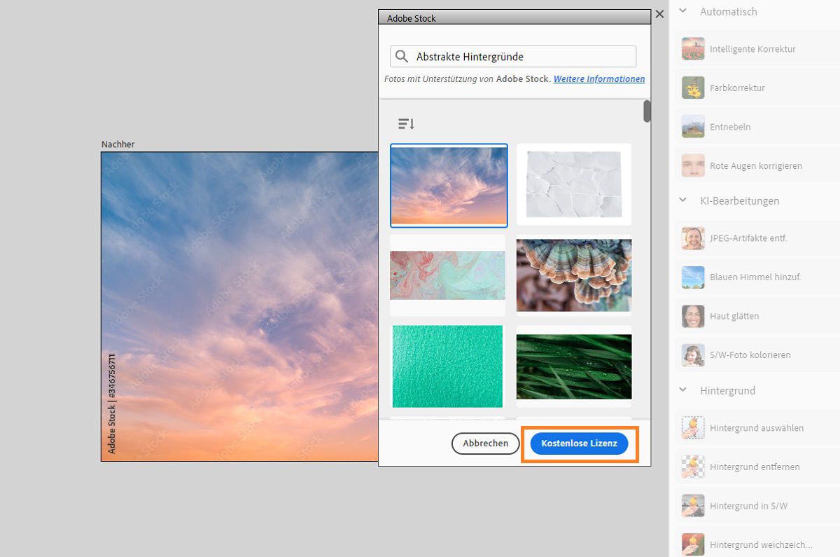 Die Schaltfläche „Kostenlose Lizenz“ wird im Adobe Stock-Popup-Menü angezeigt.