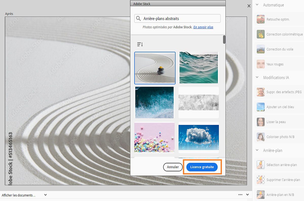 Le bouton Obtenir une licence gratuite s’affiche dans le menu contextuel Adobe Stock.