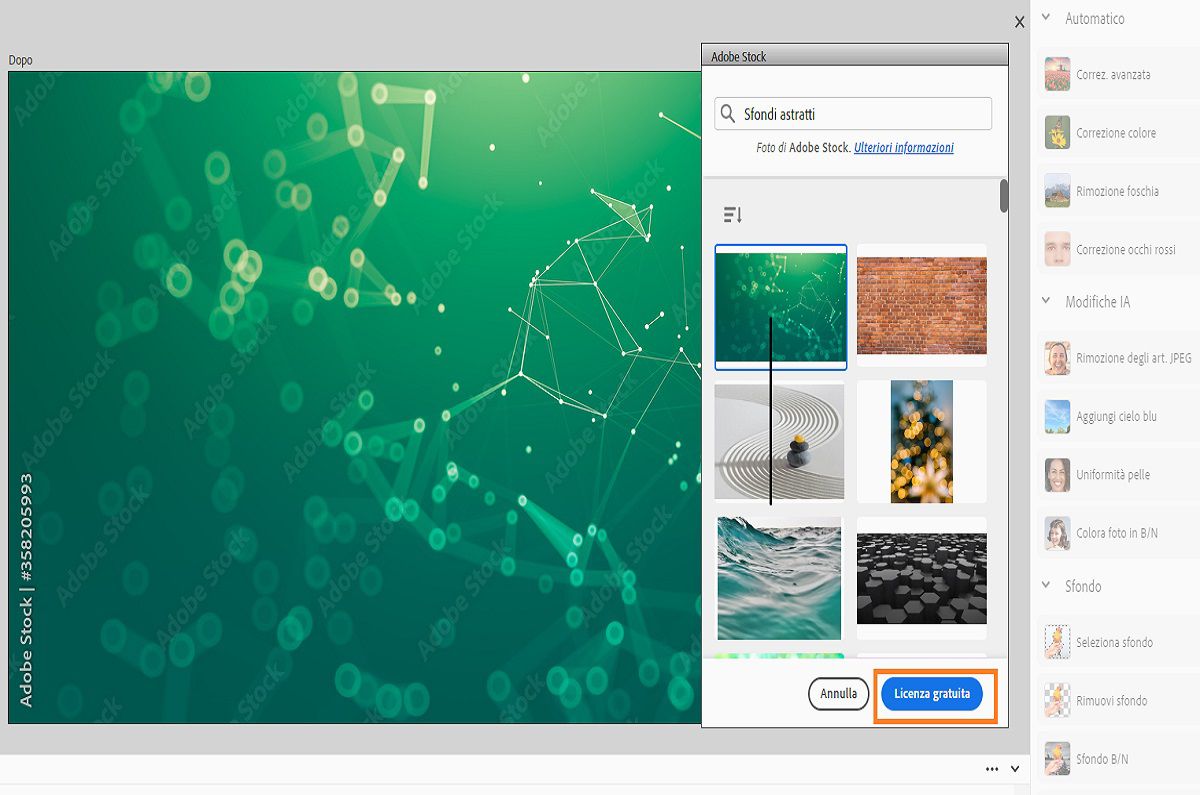 Il pulsante Licenza gratuita viene visualizzato nel menu a comparsa di Adobe Stock.