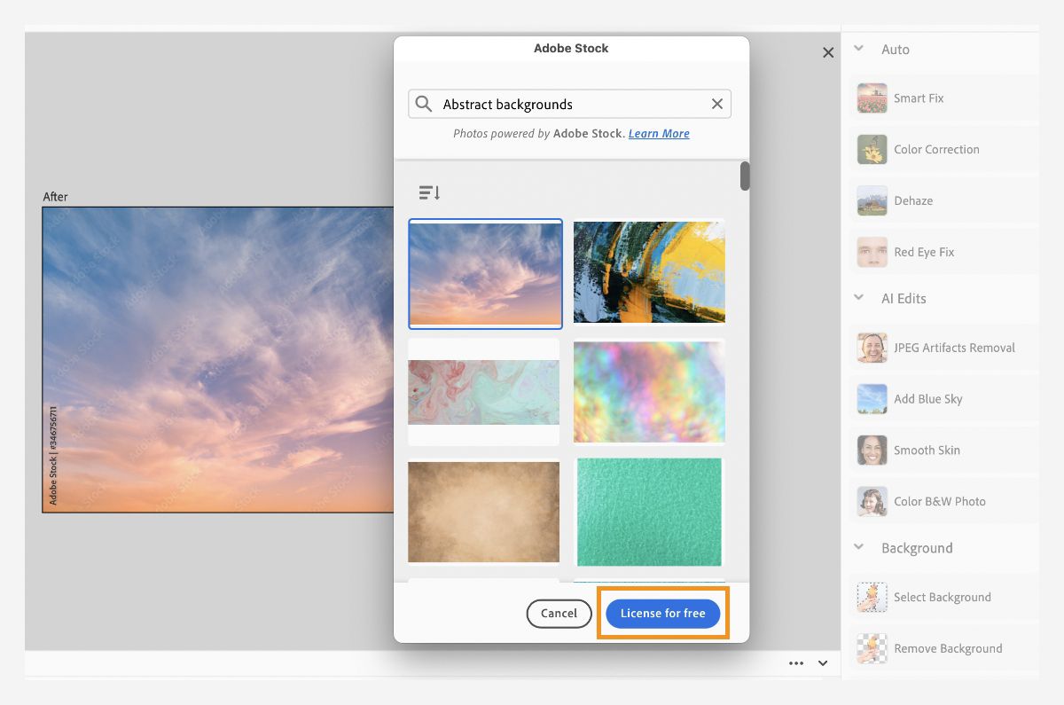 License for free button is shown on Adobe Stock pop-up menu.