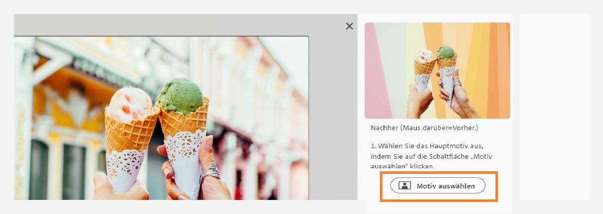 Die Schaltfläche „Motiv auswählen“ wird im Bedienfeld „Hintergrund ersetzen“ ausgewählt.
