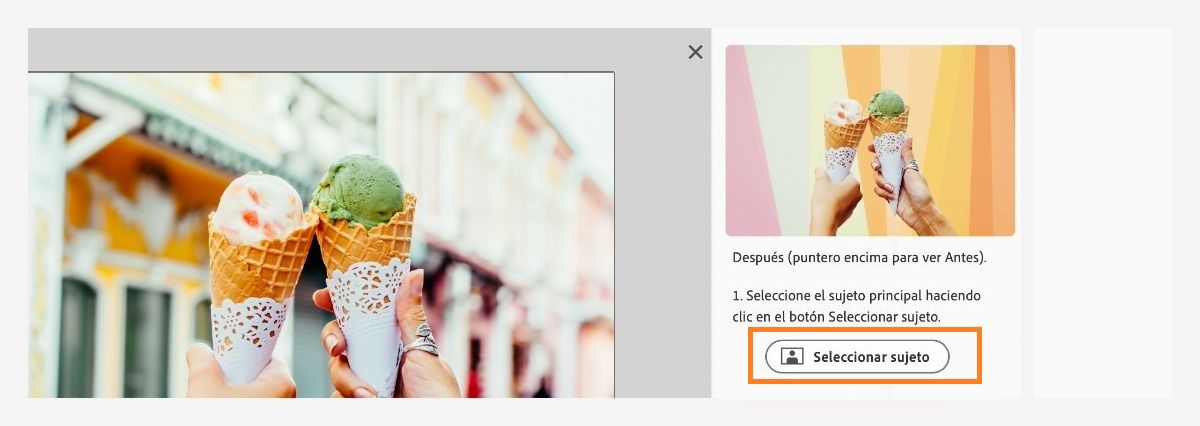 El botón &quot;Seleccionar sujeto&quot; está seleccionado en el panel Reemplazar fondo.