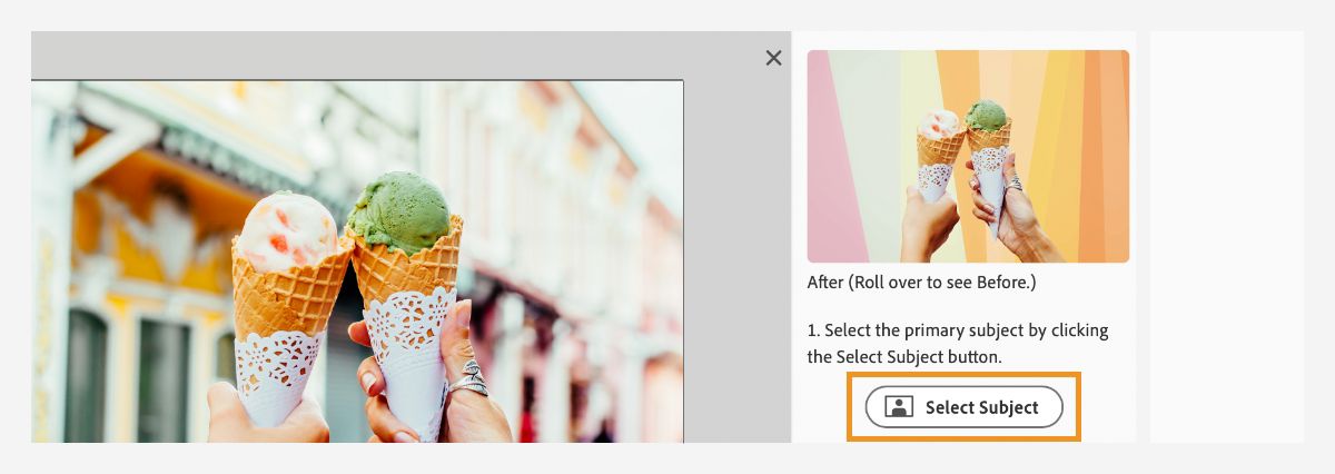 "Select Subject" button is selected in the Replace Background panel.