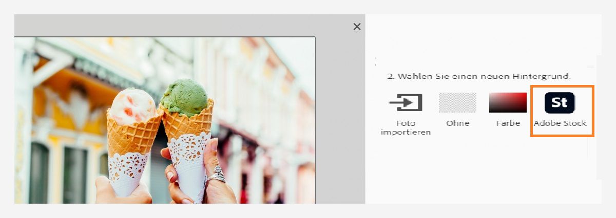 In Schritt 2 wird gezeigt, wie du einen neuen Hintergrund aus Adobe Stock auswählen kannst.