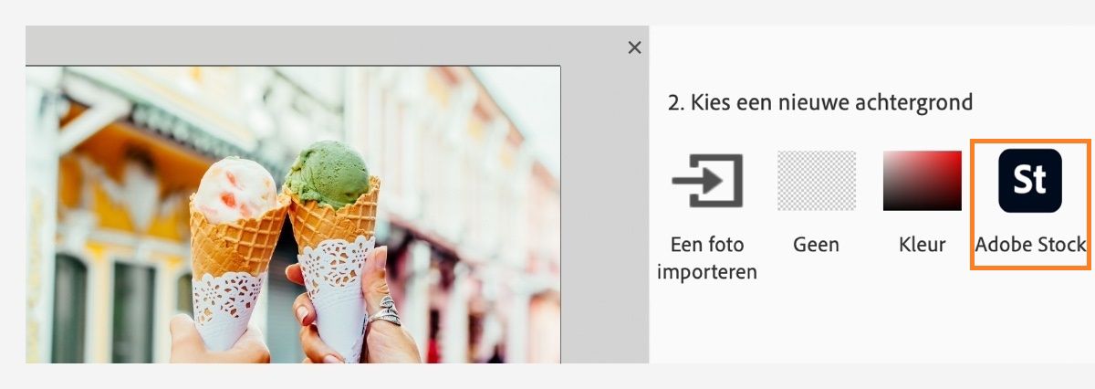 In stap 2 wordt uitgelegd hoe u een nieuwe achtergrond in Adobe Stock kunt selecteren.