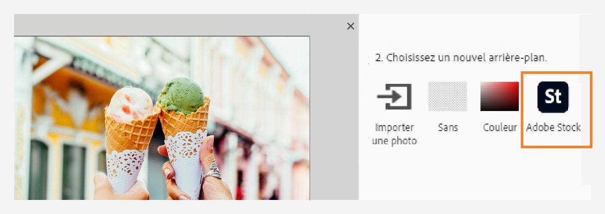 L’étape 2 explique comment sélectionner un nouvel arrière-plan dans Adobe Stock.