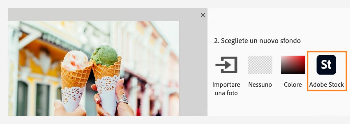 Nel passaggio 2 viene descritto come selezionare un nuovo sfondo da Adobe Stock.