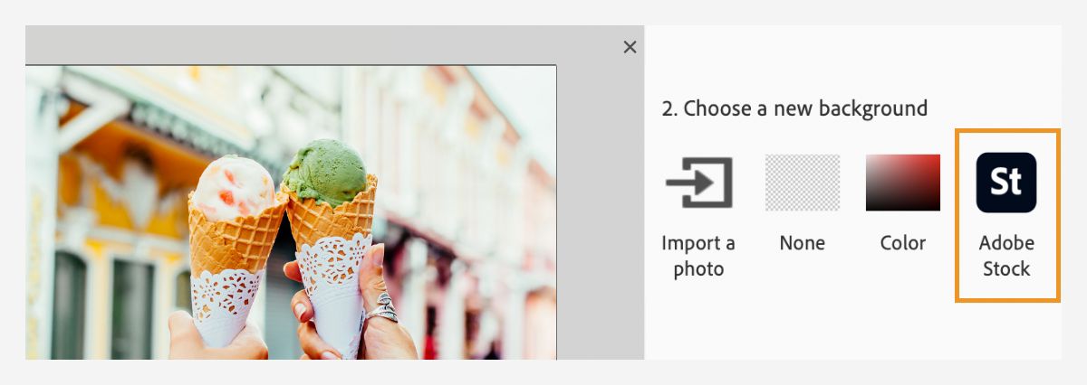 Step 2 showcases how to select a new background from Adobe Stock.