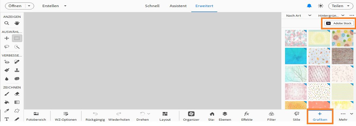 Wähle im Grafikbedienfeld „Adobe Stock“, um das Stock-Bild als Hintergrundebene zu verwenden.
