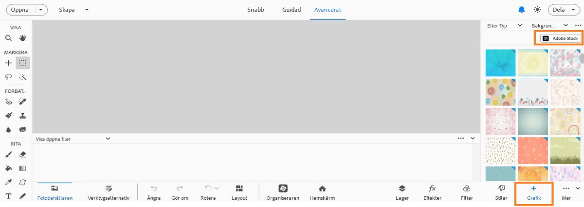 Ersätt stock-bilden som bakgrund som ett lager genom att välja Adobe Stock på panelen Grafik.