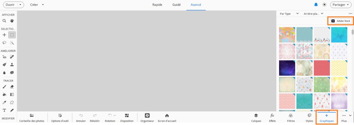 Remplacez l’image du catalogue en tant qu’arrière-plan sous forme de calque en sélectionnant Adobe Stock dans le panneau Graphiques.