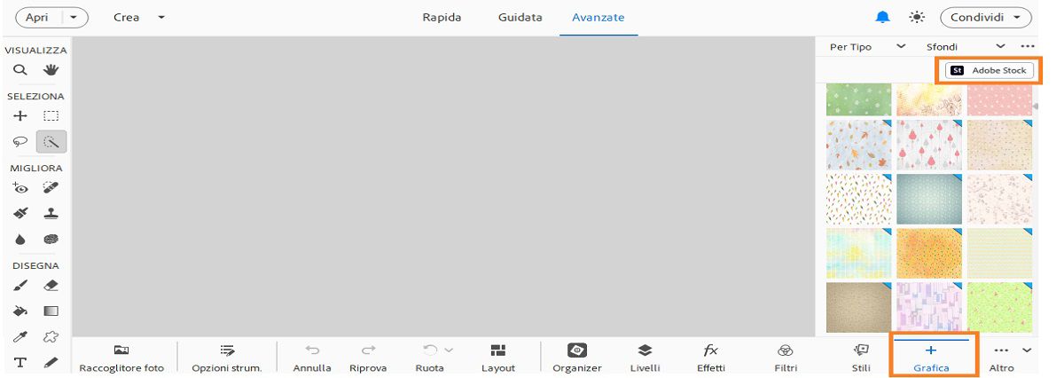 Sostituite l'immagine stock di sfondo come livello selezionando Adobe Stock nel pannello Grafica.