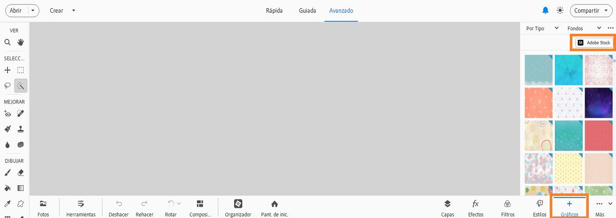 Para sustituir la imagen de stock como una capa de fondo, seleccione Adobe Stock en el panel Gráficos.