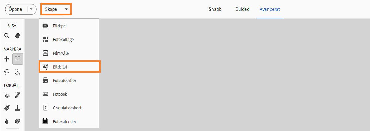 Menyn Bildcitat visas på panelen Skapa.