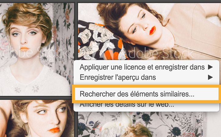 Cliquez avec le bouton droit sur une image et sélectionnez Rechercher des éléments similaires pour trouver des images similaires sur Adobe Stock.