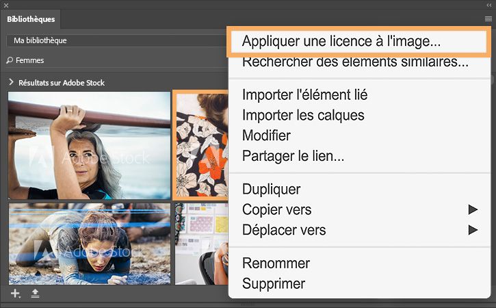 Cliquez avec le bouton droit sur une image dans la bibliothèque et choisissez Appliquer une licence à l’image pour acheter la licence d’une version avec filigrane.