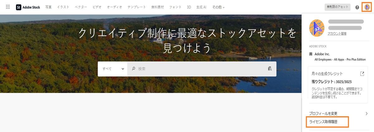 ライセンス履歴で、ライセンスを取得した Stock 画像にアクセスします。