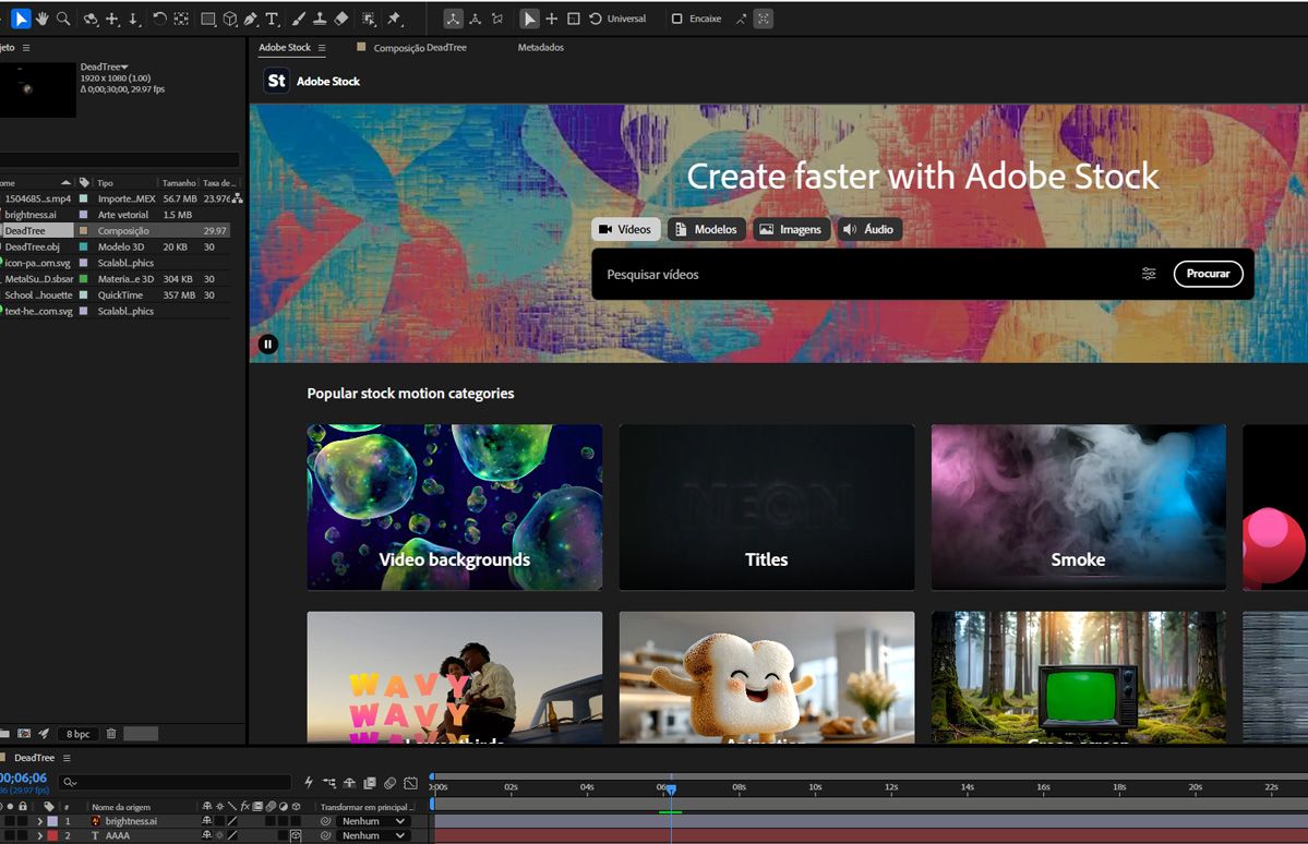 O painel Adobe Stock está encaixado no After Effects, mostrando resultados da pesquisa com imagens, vídeos e modelos.