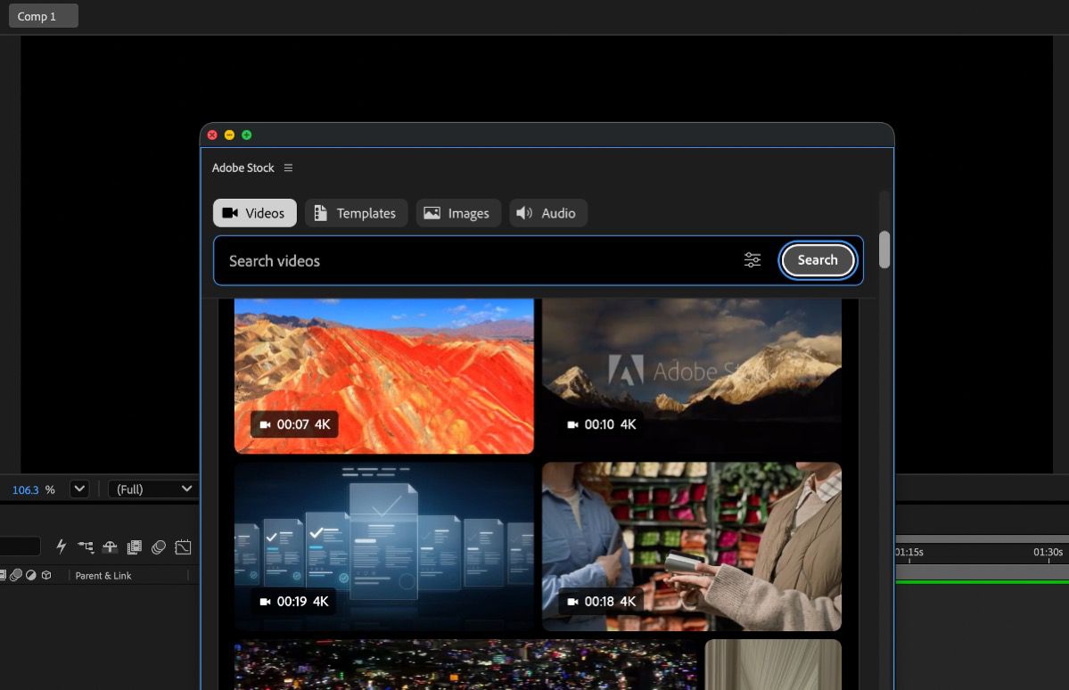 Le panneau Adobe Stock est ancré dans After Effects et affiche les résultats de recherche avec des images, des vidéos et des modèles.