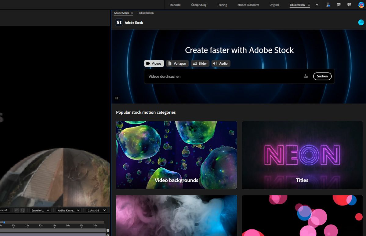 Das Adobe Stock-Bedienfeld ist in After Effects angedockt und zeigt Suchergebnisse mit Bildern, Videos und Vorlagen.