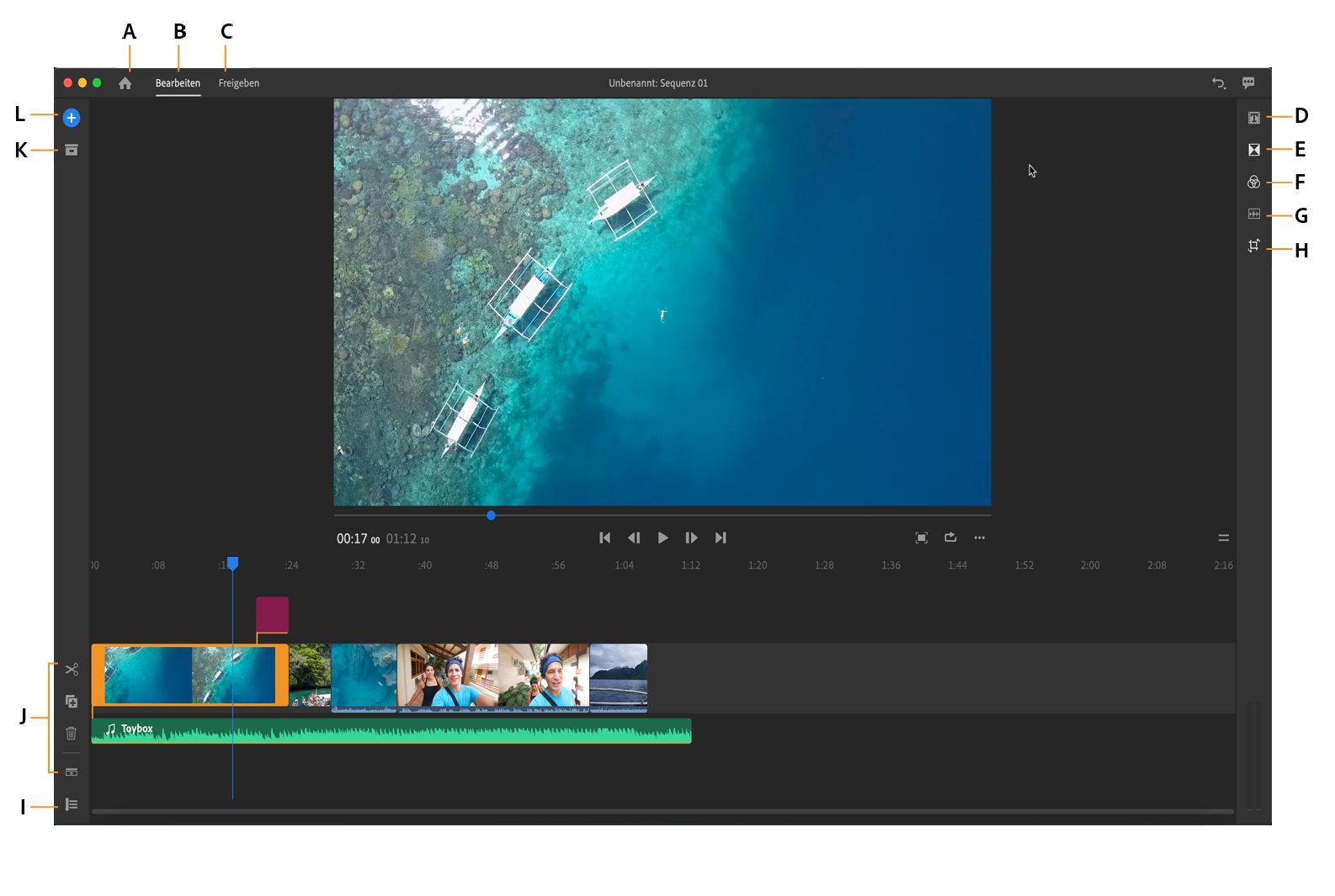 Premiere Rush-Arbeitsbereich „Bearbeiten“
