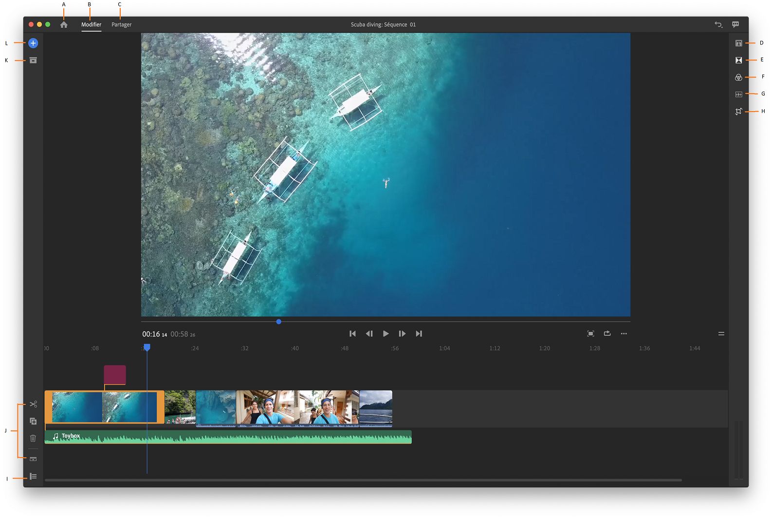 Espace de travail Modifier de Premiere Rush