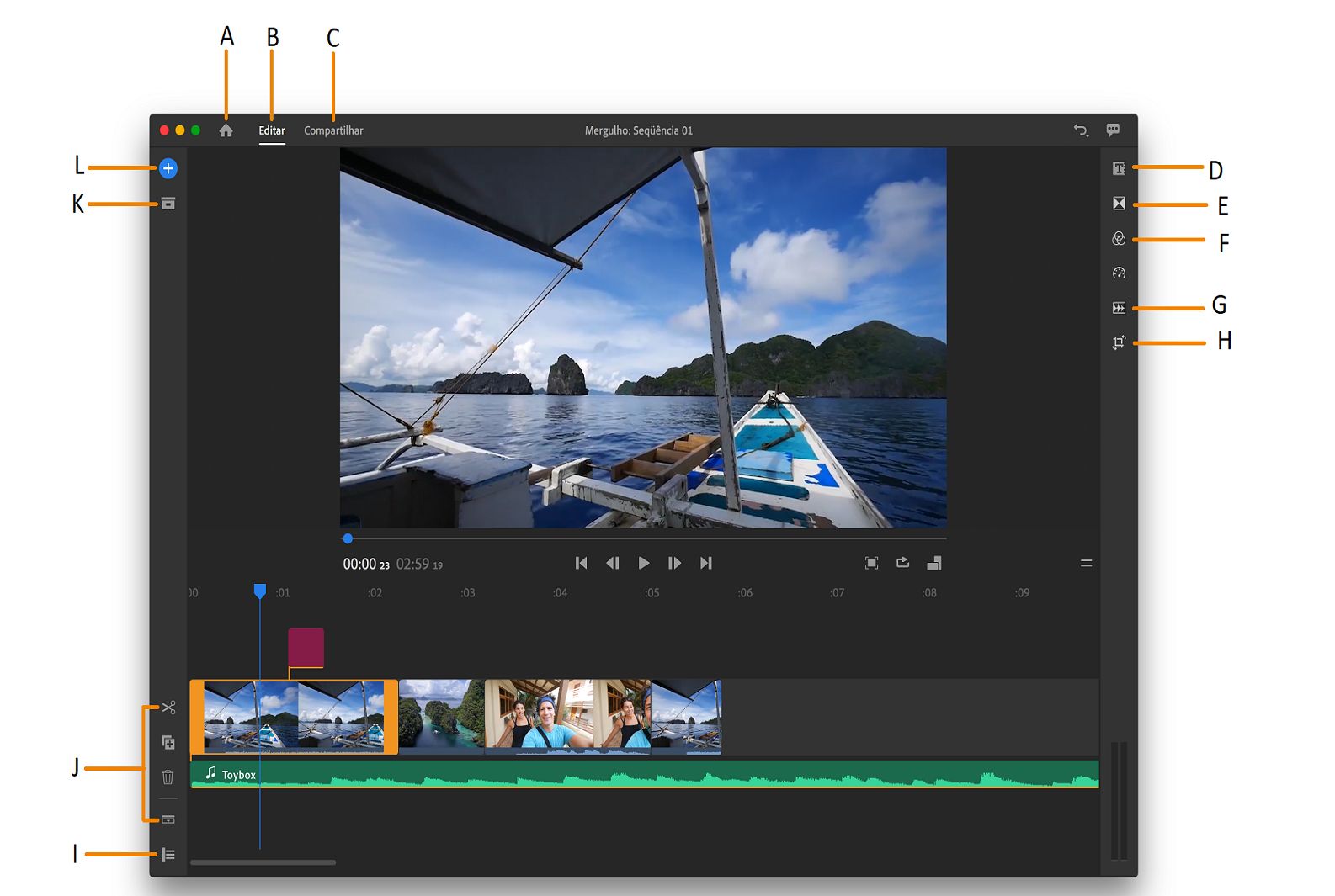 Espaço de trabalho de edição do Premiere Rush