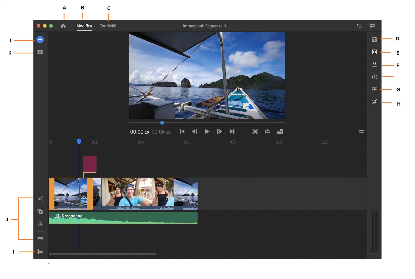 Area di lavoro Modifica di Premiere Rush