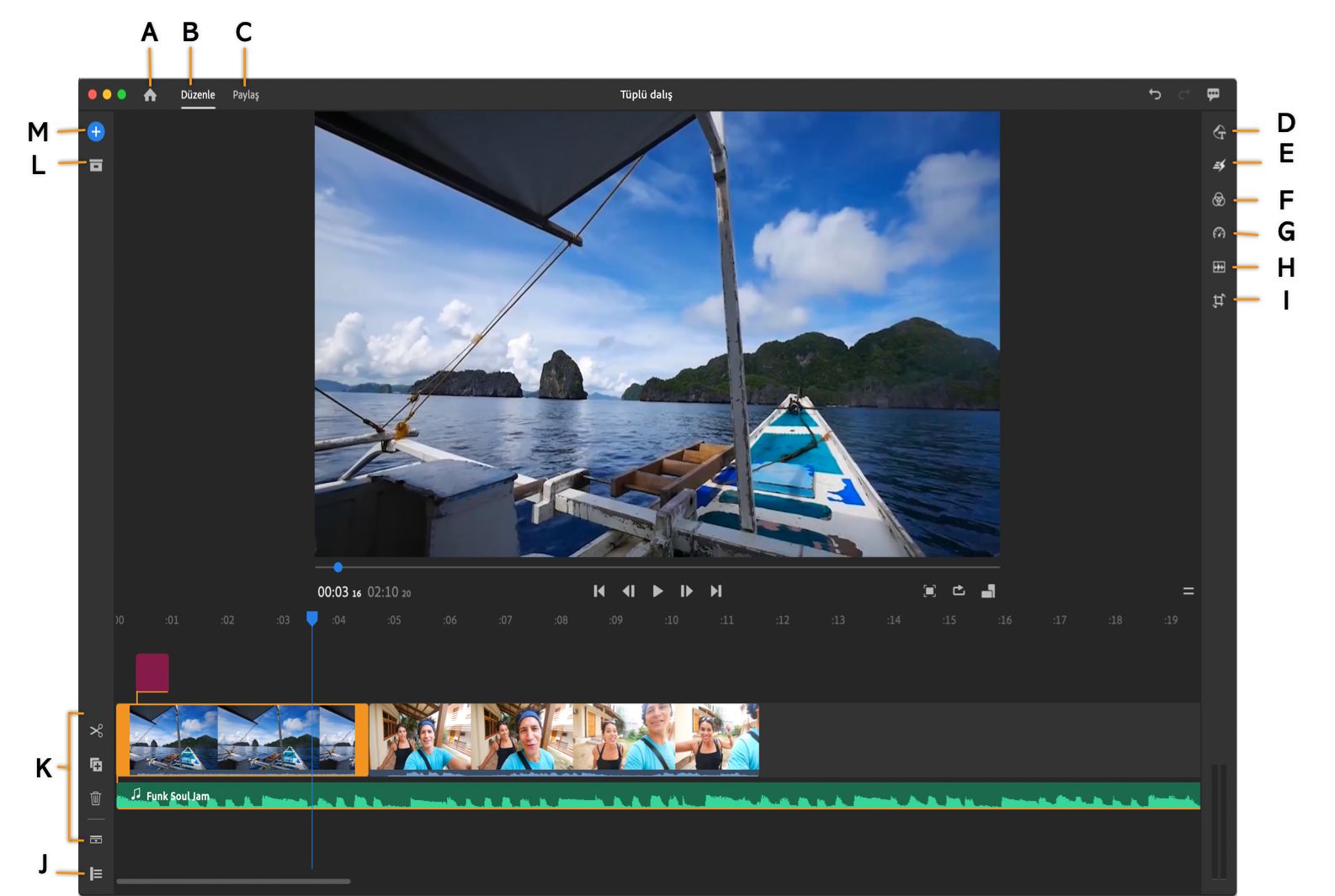 Premiere Rush Düzenle çalışma alanı