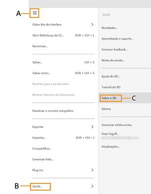 Menu do Adobe XD no Windows