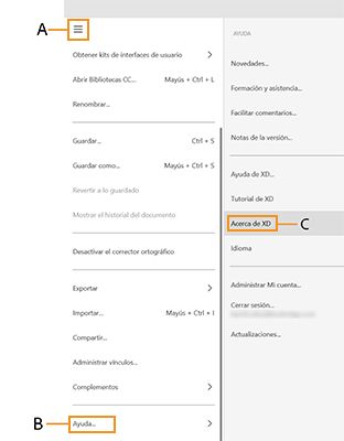 Menú de Adobe XD en Windows