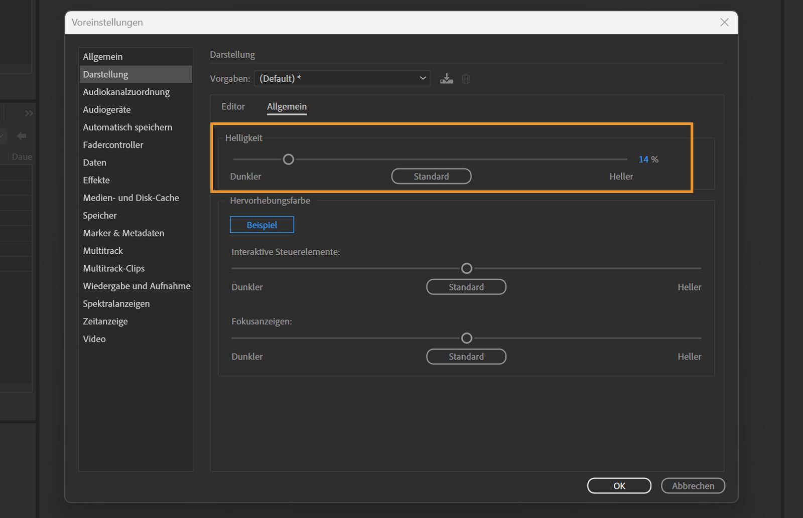 Das Fenster „Voreinstellungen“ ist geöffnet, die Registerkarte „Allgemein“ wird angezeigt und die Option zum Anheben oder Verringern der Helligkeit des Arbeitsbereichs wird hervorgehoben. 