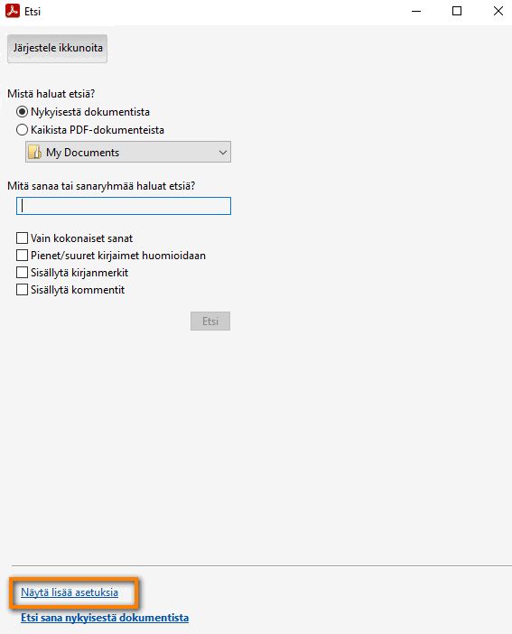Tarkennettu haku > Näytä lisää asetuksia