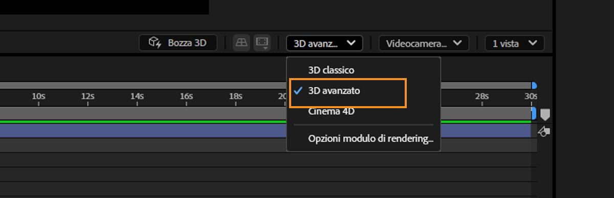 Schermata che mostra l’opzione 3D Avanzato selezionata nel menu a discesa del Modulo di rendering 3D.