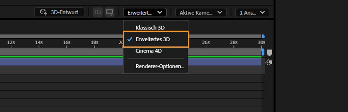 Ein Screenshot, in dem die im Dropdown-Menü „3D-Renderer“ die ausgewählte Option „Erweitertes 3D“ angezeigt wird.
