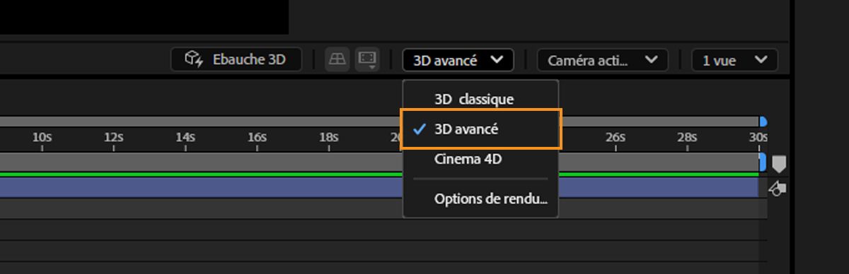Capture d’écran montrant l’option Advanced 3D sélectionnée dans le menu déroulant Moteur de rendu 3D.