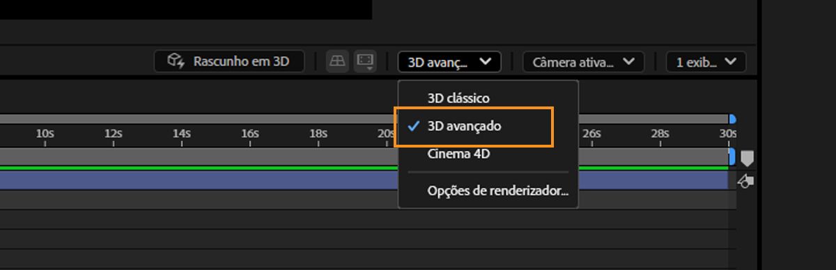Uma captura de tela que mostra a opção 3D Avançado selecionada no menu suspenso Renderizador 3D.