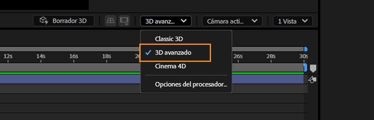 Una captura de pantalla que muestra la opción 3D avanzada seleccionada en el menú desplegable Procesador 3D.