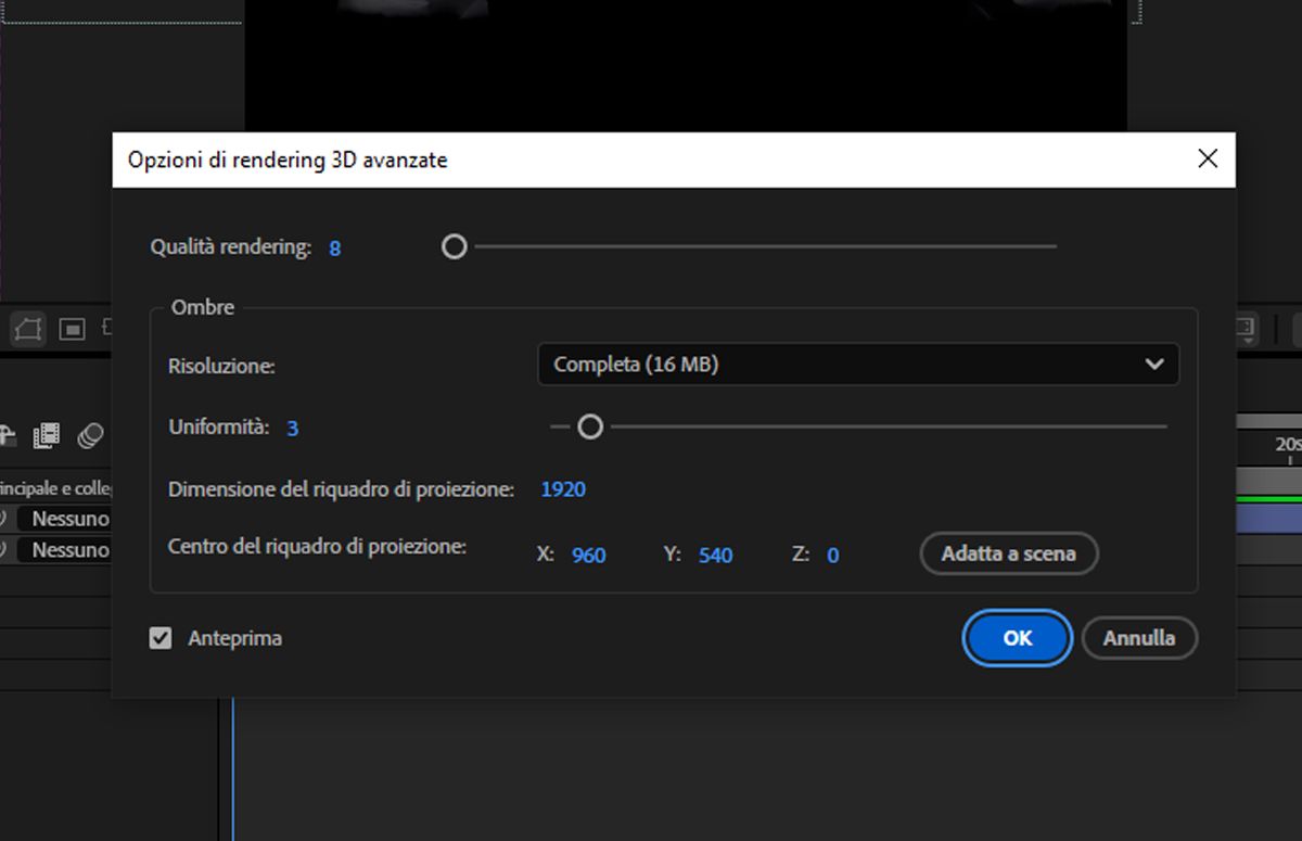 Viene visualizzata la finestra di dialogo Opzioni di rendering 3D avanzate con i dettagli specifici del rendering da configurare.