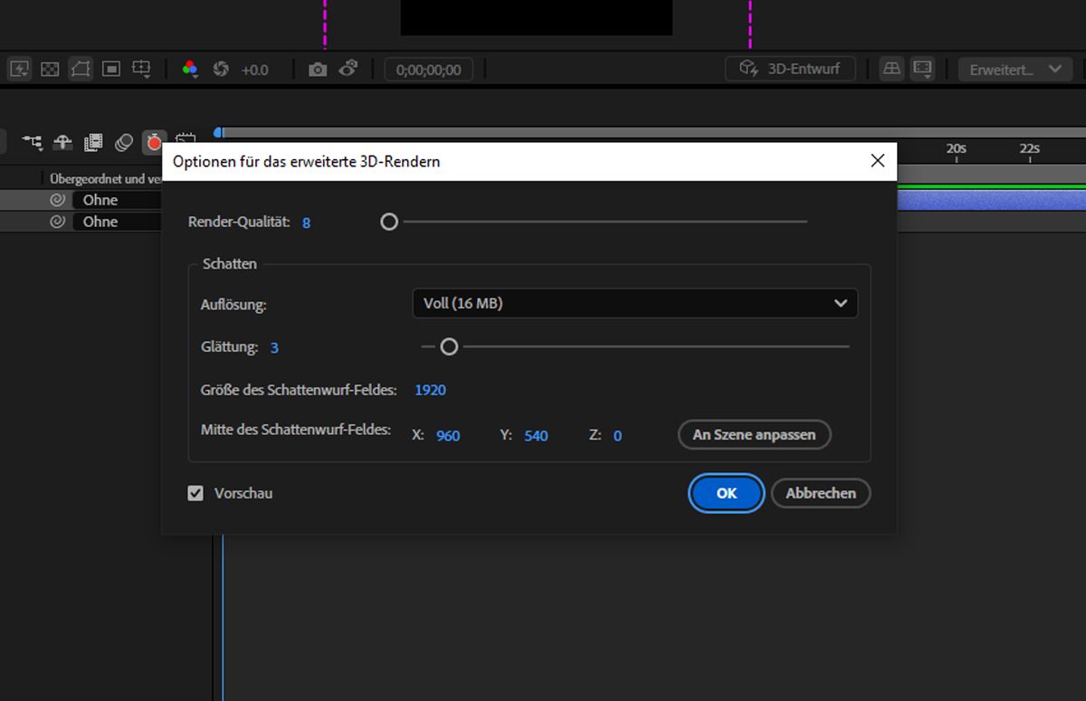 Das Dialogfeld „Erweiterte 3D-Renderer-Optionen“ wird geöffnet. Hier können Sie spezifische Rendering-Details konfigurieren.