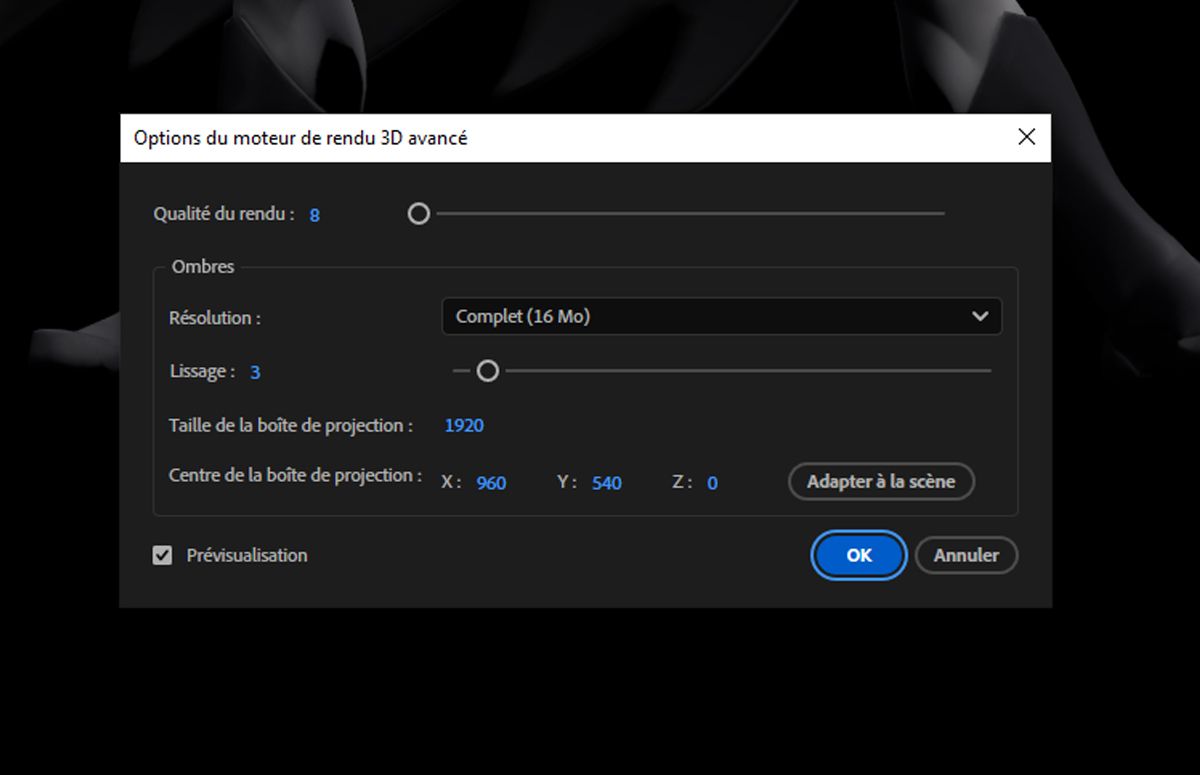 La boîte de dialogue Options du moteur de rendu Advanced 3D s’ouvre avec des détails de rendu à configurer.