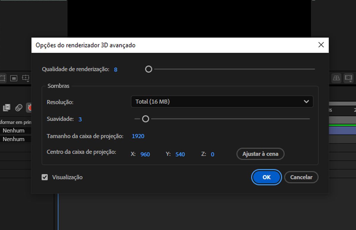 A caixa de diálogo Opções do renderizador 3D avançado aberta com detalhes específicos de renderização a serem configurados.