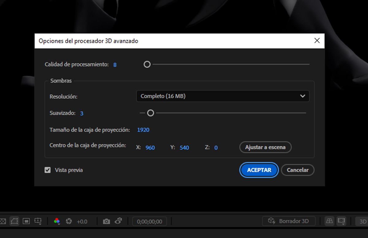 Se abre el cuadro de diálogo Opciones del procesador 3D avanzado con detalles específicos del procesamiento que se deben configurar.